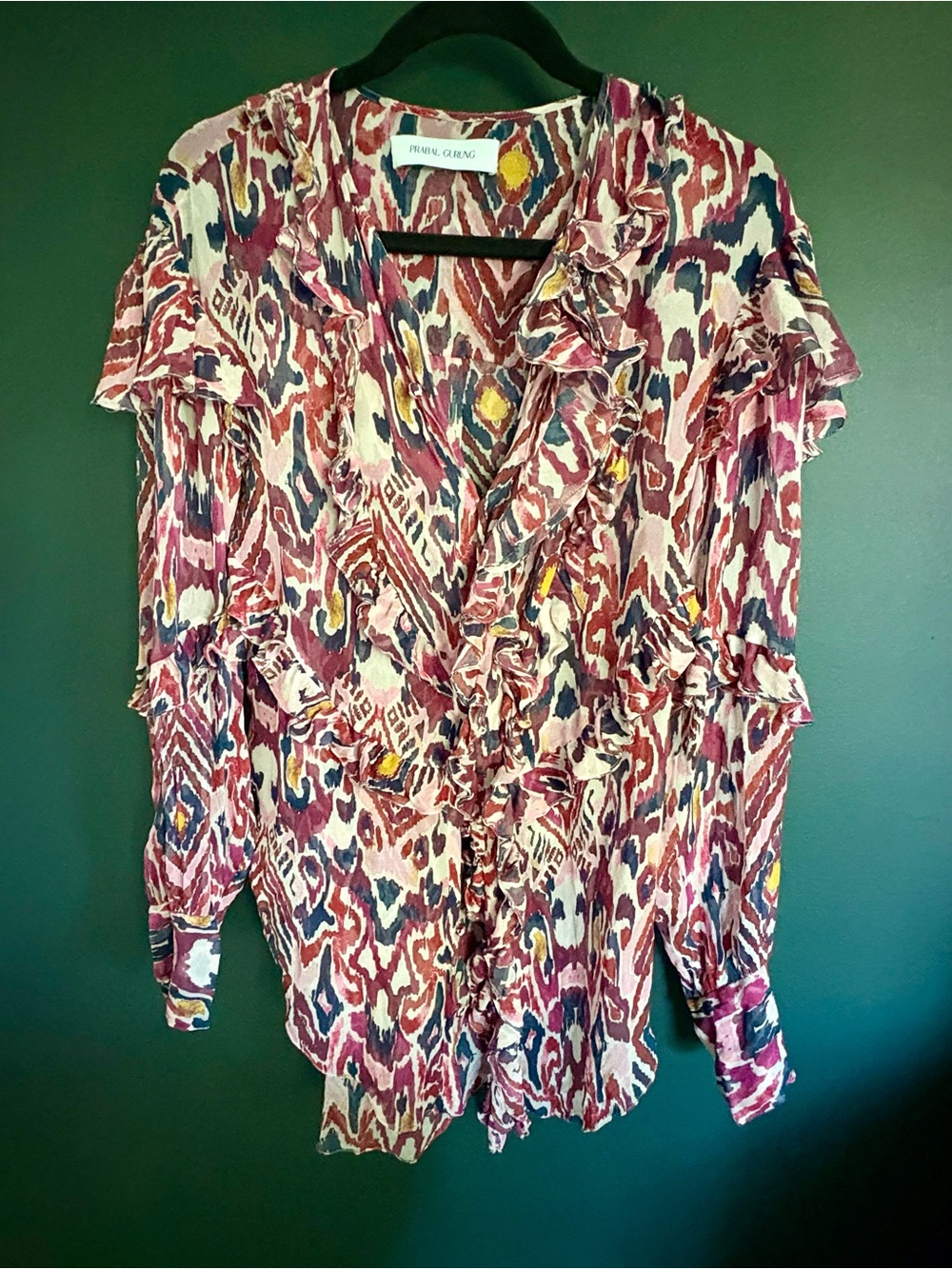 Prabal Gurung Ruffled Printed Blouse in Burgundy, Navy & Cream